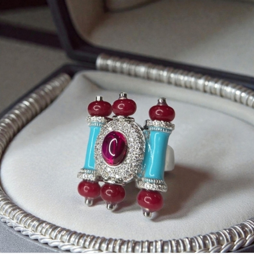 Exquisite High-end Rhodium Plated Turquoise Enamel Ruby Glass Cabochon Ring - Picture 6 of 6